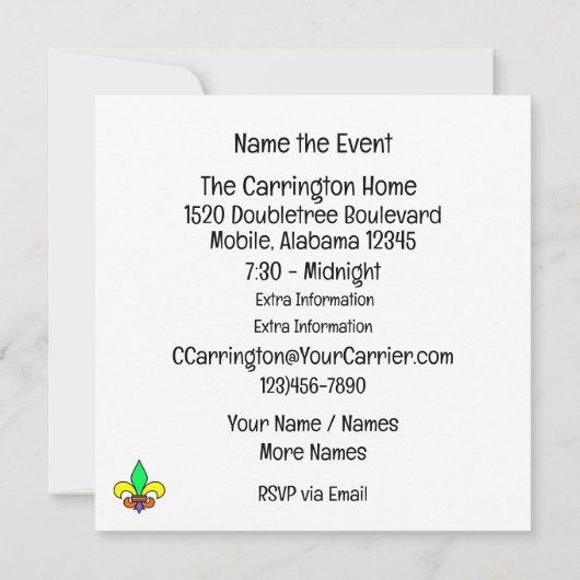 マルディグラスマスカレードパーティの招待状 招待状 (裏面)