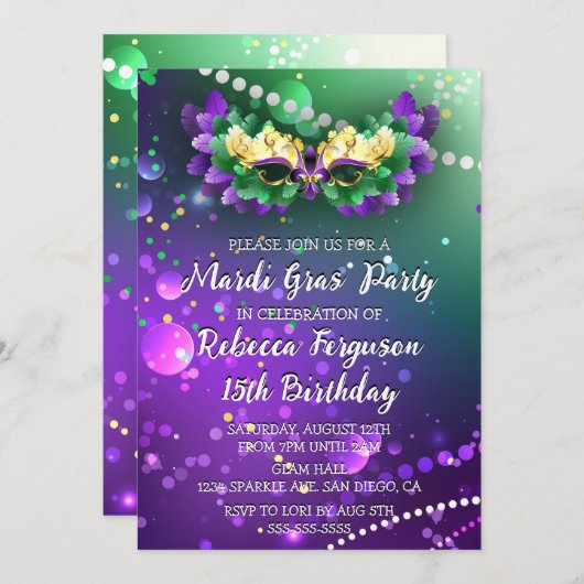 マルディグラスマスカレードパーティー 招待状 (正面/裏面)