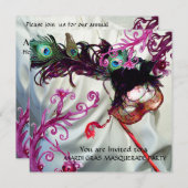 マルディグラスマスカレードパーティー、白いシルククロス 招待状 (正面/裏面)