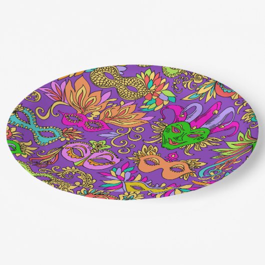 マルディグラスマスカレードマスクブライトパープルグリーン ペーパープレート (アングル)