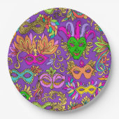 マルディグラスマスカレードマスクブライトパープルグリーン ペーパープレート (正面)