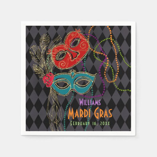 マルディグラスマスカレードマスクブラックハーレクイン スタンダードカクテルナプキン (正面)