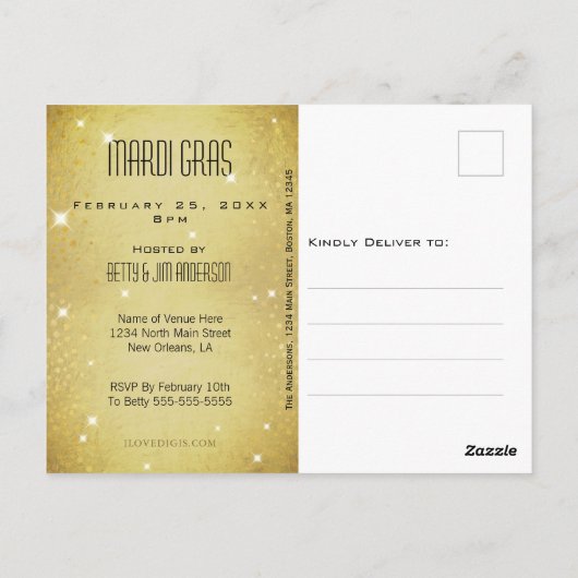 マルディグラスマスカレードマスク金ゴールド招待状 ポストカード (裏面)