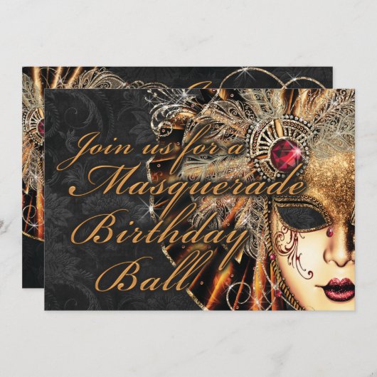マルディグラスマスカレード誕生日パーティーの招待 招待状 (正面/裏面)