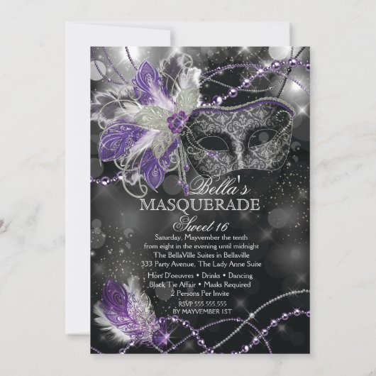 マルディグラスマスカレード誕生日パーティーの招待 招待状 (裏面)