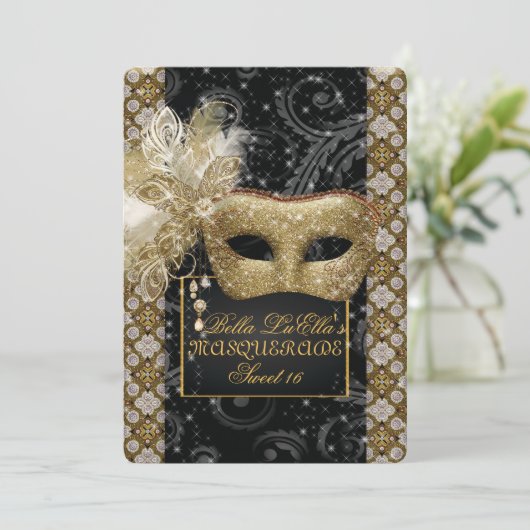 マルディグラスマスカレード誕生日パーティーの招待 招待状 (スタンド正面)