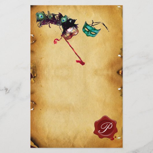 マルディグラスマスカレーパーチメントワックスシールモノグラム 便箋 (正面)