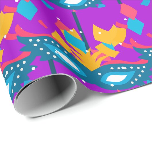 マルディグラスマスクと紙吹雪オンパープル ラッピングペーパー (ロールコーナー)