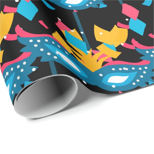 マルディグラスマスクと紙吹雪オンブラック ラッピングペーパー (ロールコーナー)