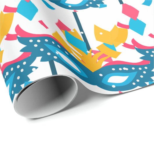 マルディグラスマスクと紙吹雪オンホワイト ラッピングペーパー (ロールコーナー)