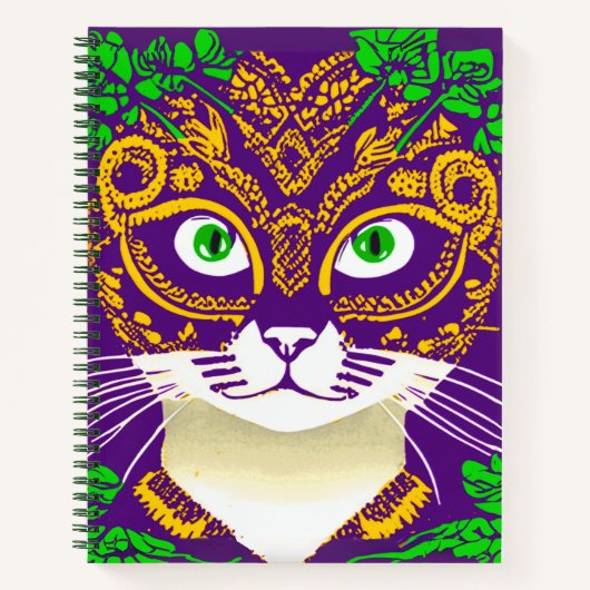 マルディグラスマスクの雑誌に登場、かわいい猫 ノートブック (正面)