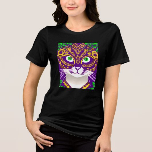 マルディグラスマスクをかわいい猫 トライブレンドＴシャツ (正面)