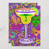 マルディグラスマスクカラフルマルティニ日付を保存 招待状 (正面/裏面)