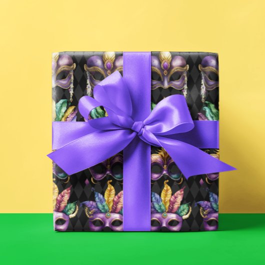 マルディグラスマスクグリーンパープル金ゴールドイエロー ラッピングペーパー