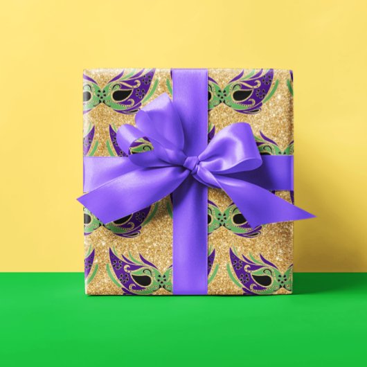 マルディグラスマスクグリーンパープル金ゴールドイエロー ラッピングペーパー