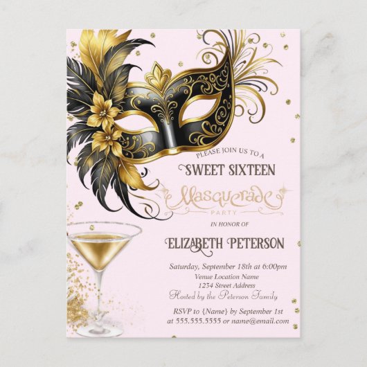 マルディグラスマスクダイアモンシャンパンスウィート16 インビテーションポストカード (正面)