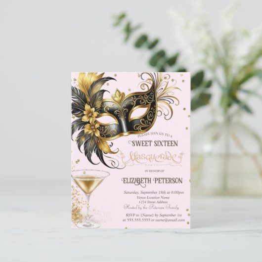 マルディグラスマスクダイアモンシャンパンスウィート16 インビテーションポストカード (スタンド正面)