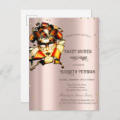 マルディグラスマスクダイヤモンドバラ金ゴールドスウィート16 インビテーションポストカード (正面/裏面)