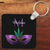 マルディグラスマスクパープルグリーンスパークルズモノグラム キーホルダー (裏面)