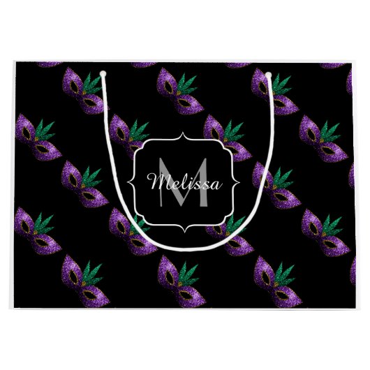 マルディグラスマスクパープルグリーンスパークルズモノグラム ラージペーパーバッグ (正面)