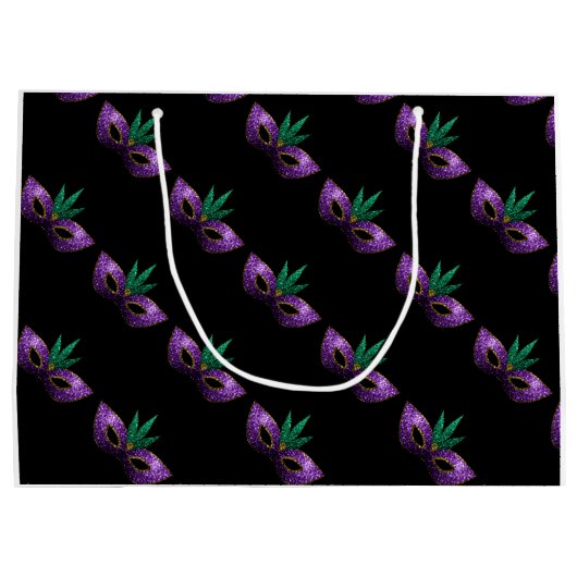 マルディグラスマスクパープルグリーンスパークルズモノグラム ラージペーパーバッグ (裏面)