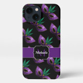 マルディグラスマスクパープルグリーンスパークルズモノグラム iPhoneケース (裏面)