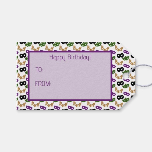 マルディグラスマスクパープルグリーンフェイク金ゴールドブラック ギフトタグ (正面(横))