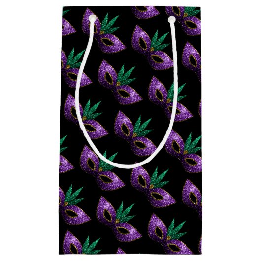 マルディグラスマスクパープルグリーン金ゴールドスパークルスパターン スモールペーパーバッグ (正面)