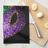 マルディグラスマスクパープルグリーン金ゴールドスパークルズブラック キッチンタオル (四つ折り)