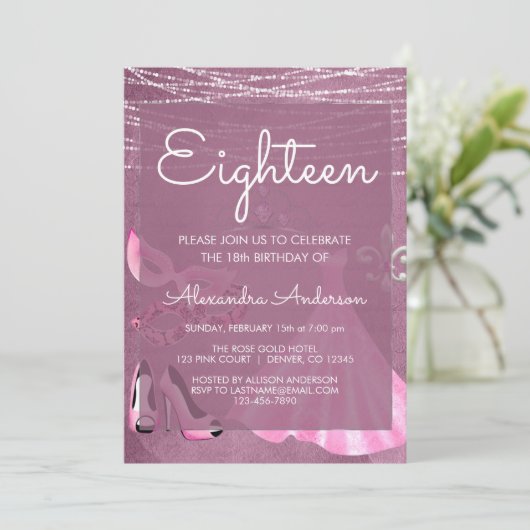 マルディグラスマスクパープルマスカレードバースデーパーティー 招待状 (スタンド正面)