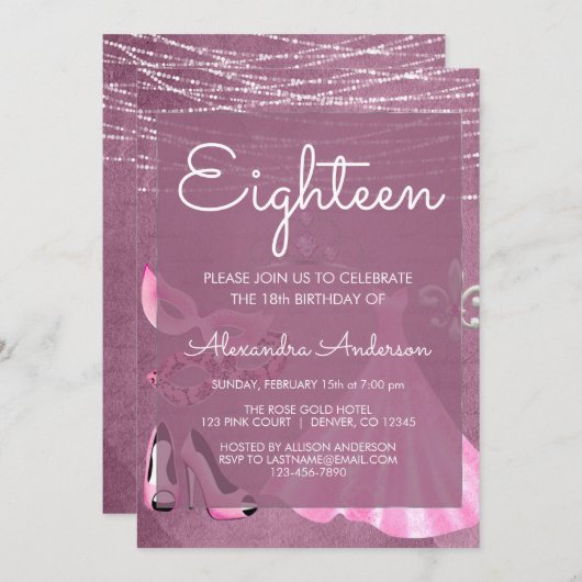 マルディグラスマスクパープルマスカレードバースデーパーティー 招待状 (正面/裏面)