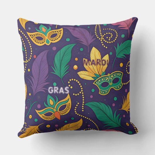 マルディグラスマスクフェザービーズ金ゴールドパープルグリーン クッション (裏面)