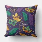 マルディグラスマスクフェザービーズ金ゴールドパープルグリーン クッション (正面)