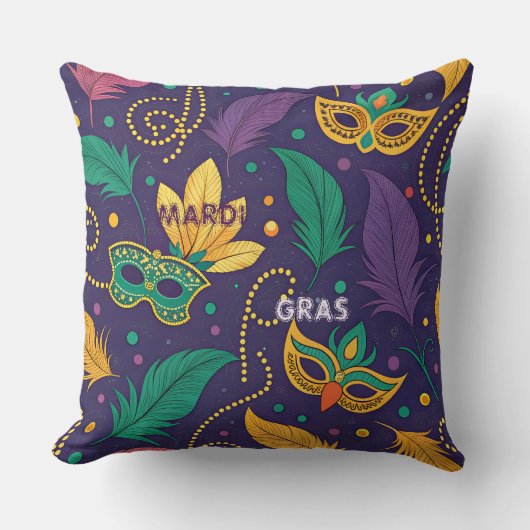 マルディグラスマスクフェザービーズ金ゴールドパープルグリーン クッション (正面)