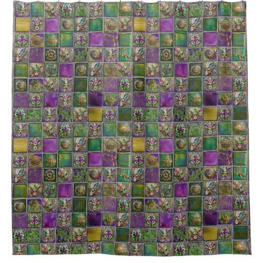 マルディグラスマスクフェザー（紋章の）フラ・ダ・リタイルプリント シャワーカーテン (正面)