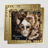 マルディグラスマスクブラック金ゴールドマスカレードパーティー 招待状 (正面/裏面)