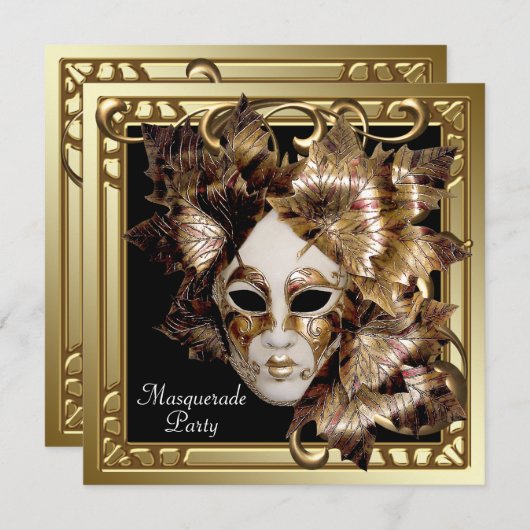 マルディグラスマスクブラック金ゴールドマスカレードパーティー 招待状 (正面/裏面)