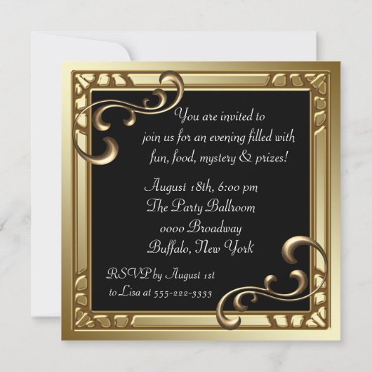 マルディグラスマスクブラック金ゴールドマスカレードパーティー 招待状 (裏面)