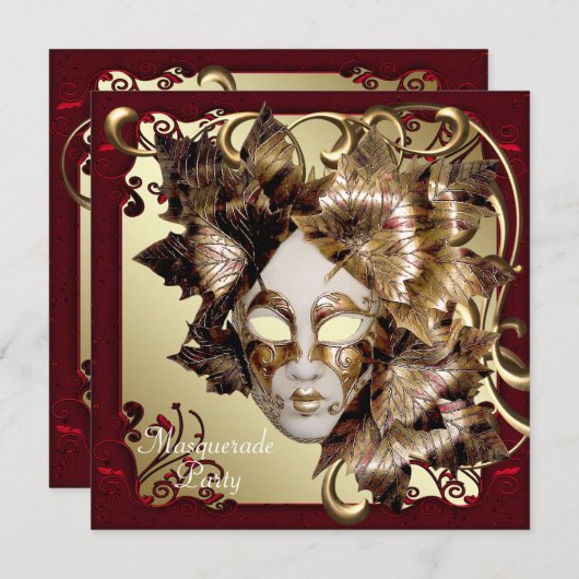 マルディグラスマスクレッドブラック金ゴールドマスカレードパーティー 招待状 (正面/裏面)