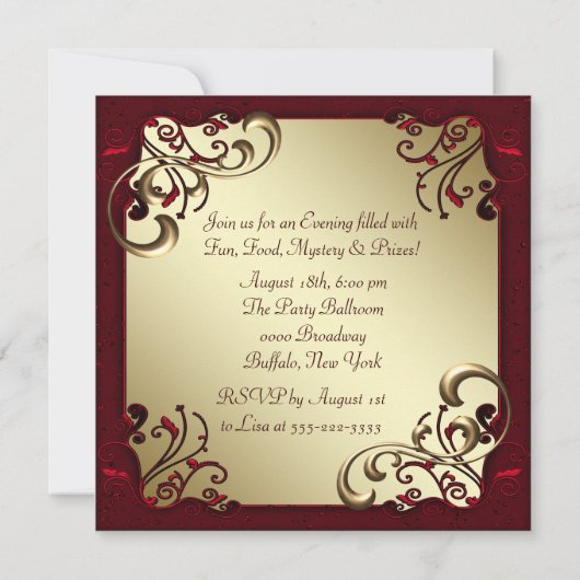 マルディグラスマスクレッドブラック金ゴールドマスカレードパーティー 招待状 (裏面)