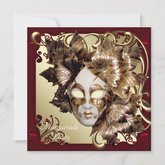 マルディグラスマスクレッドブラック金ゴールドマスカレードパーティー 招待状 (正面)