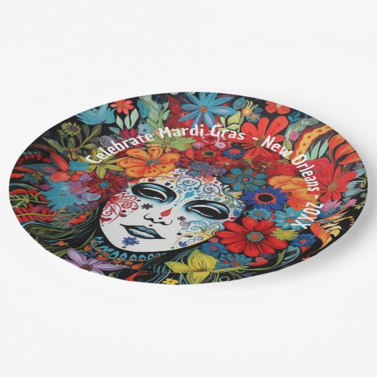 マルディグラスマスク&ヘアドレカスタムス文字パーティー ペーパープレート (アングル)