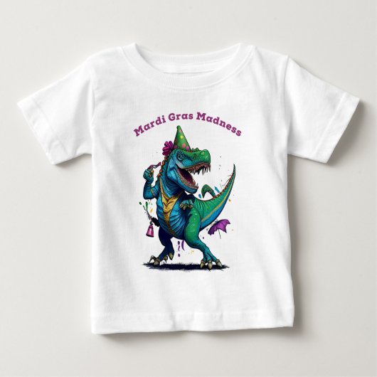 マルディグラスマッドネスTレックス恐竜ビーズマルディグラワー ベビーTシャツ (正面)