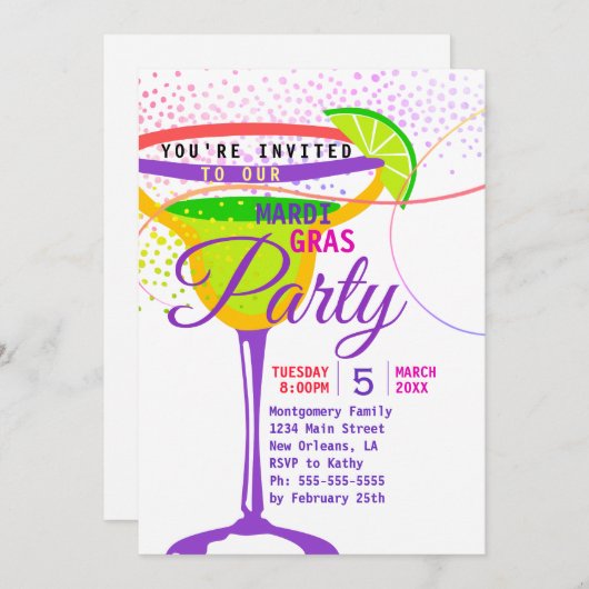 マルディグラスマルティーニグラスパープル金ゴールドグリーンパーティー 招待状 (正面/裏面)