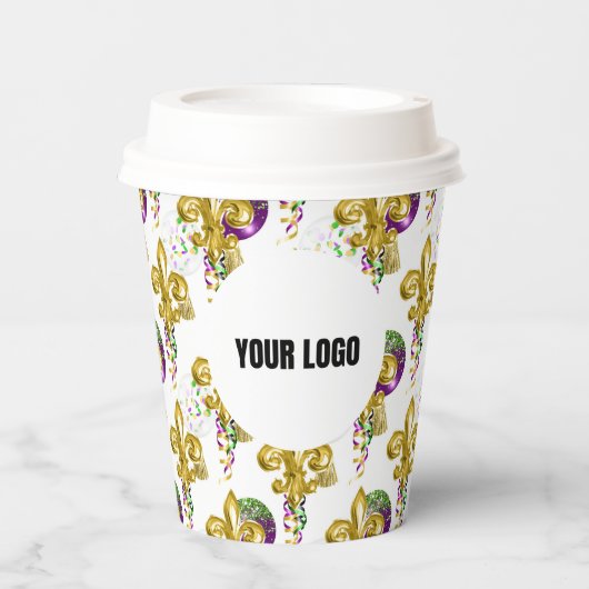 マルディグラスリリーフェスティバルカスタムカップホワイト金ゴールド 紙コップ (正面)