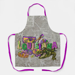 マルディグラスヴィンテージ新聞キングケーキアリゲーター エプロン