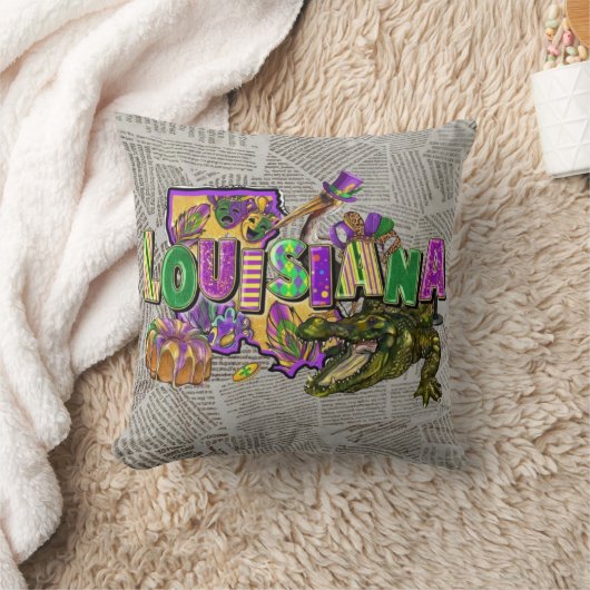 マルディグラスヴィンテージ新聞キングケーキアリゲーター クッション (ブランケット)