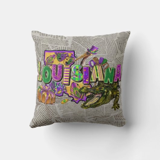 マルディグラスヴィンテージ新聞キングケーキアリゲーター クッション (裏面)