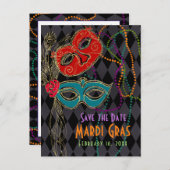 マルディグラス仮装マスクブラックハーレキン インビテーションポストカード (正面/裏面)