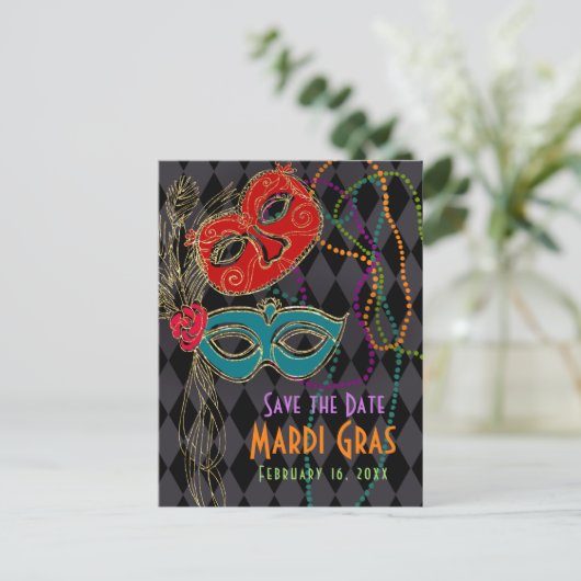 マルディグラス仮装マスクブラックハーレキン インビテーションポストカード (スタンド正面)